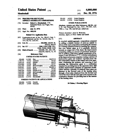 First page of Patent #4,000,000: a process for recycling asphalt-aggregate compositions