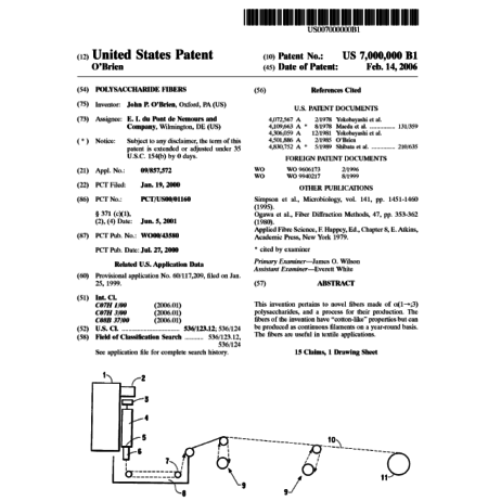 First page of Patent #7,000,000: polysaccharide fibers