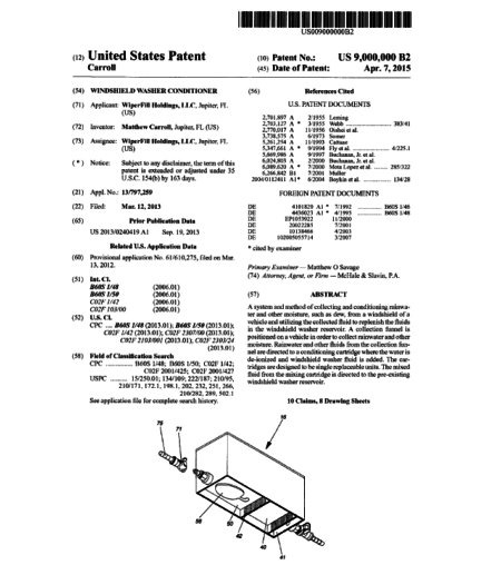 First page of Patent #9,000,000: windshield washer conditioner